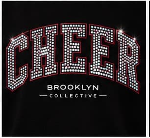 Detail of the rhinestone CHEER arch logo and Brooklyn Collective wordmark