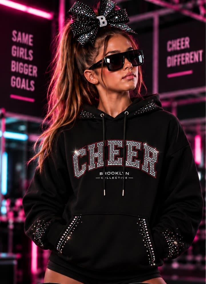 Athlete wearing The Cheer Rhinestone Hoodie in black with iridescent AB rhinestones, front view